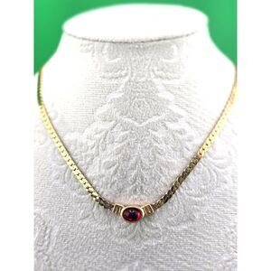 Vintage NAPIER Gold Tone Herringbone Choker Necklace Focal Red Glass Cab 14"